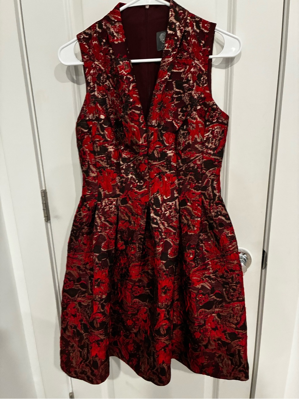Vince Camuto Red and Black Floral Jacquard Fit-and-Flare Dress